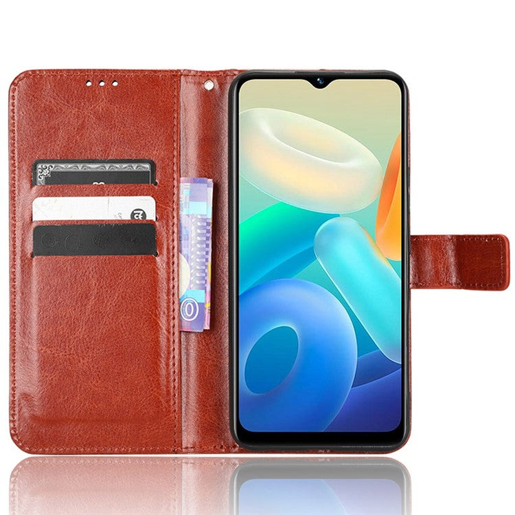 Crazy Horse Texture PU Leather Case Stand for vivo Y02s 4G, Full Protection Anti-scratch Phone Wallet Cover - Brown