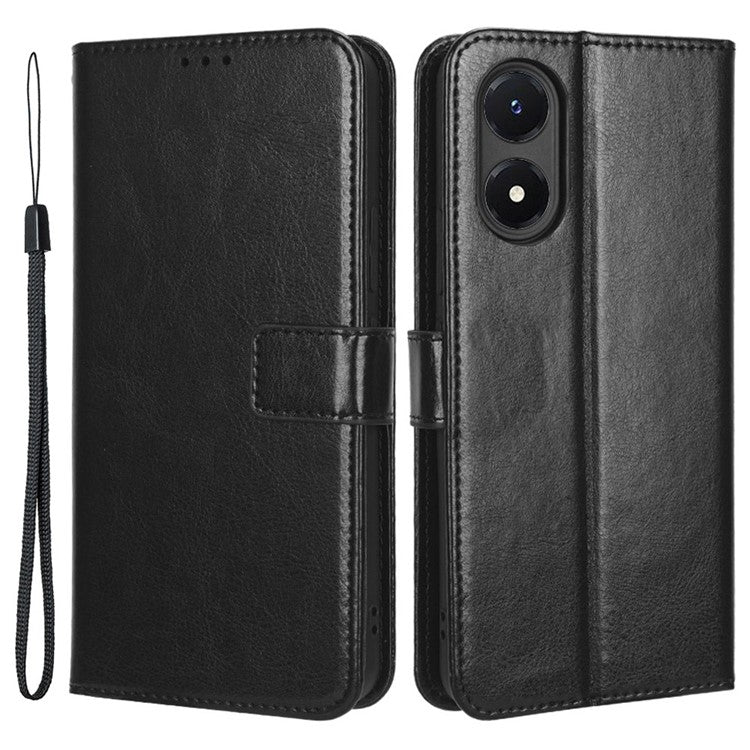 Crazy Horse Texture PU Leather Case Stand for vivo Y02s 4G, Full Protection Anti-scratch Phone Wallet Cover - Black