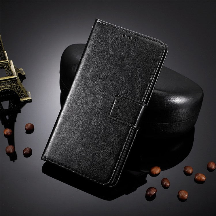 Crazy Horse Texture PU Leather Case Stand for vivo Y02s 4G, Full Protection Anti-scratch Phone Wallet Cover - Black