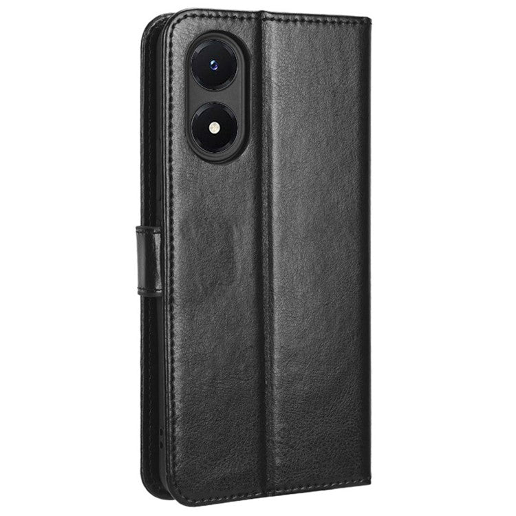 Crazy Horse Texture PU Leather Case Stand for vivo Y02s 4G, Full Protection Anti-scratch Phone Wallet Cover - Black