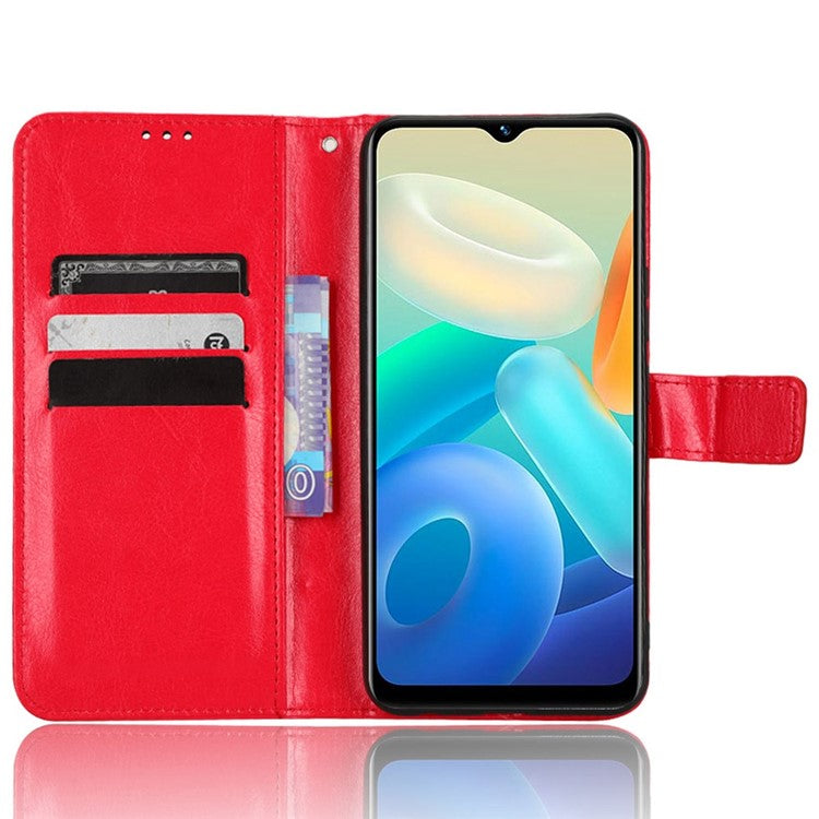 Crazy Horse Texture PU Leather Case Stand for vivo Y02s 4G, Full Protection Anti-scratch Phone Wallet Cover - Red