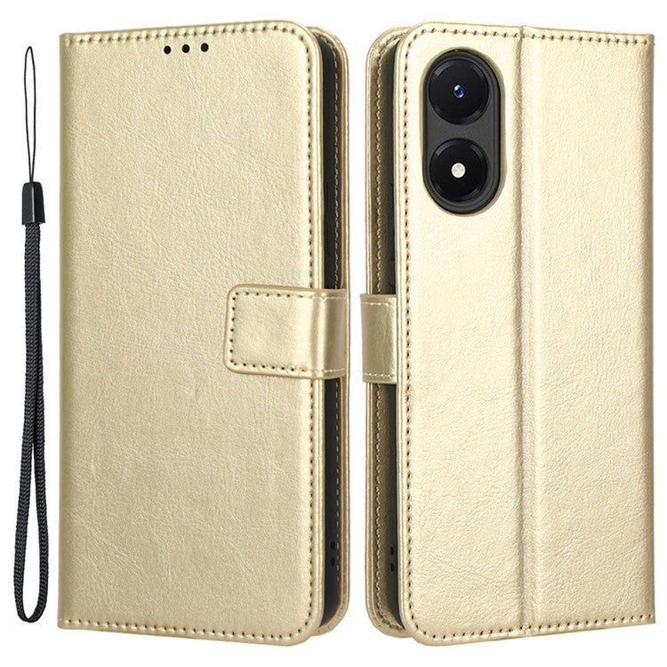 Crazy Horse Texture PU Leather Case Stand for vivo Y02s 4G, Full Protection Anti-scratch Phone Wallet Cover - Gold