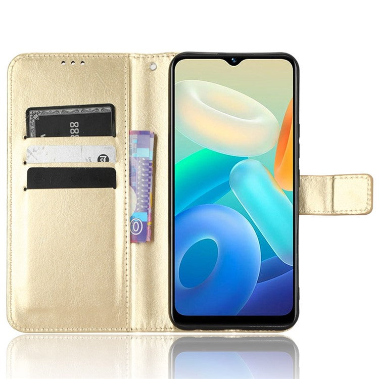 Crazy Horse Texture PU Leather Case Stand for vivo Y02s 4G, Full Protection Anti-scratch Phone Wallet Cover - Gold