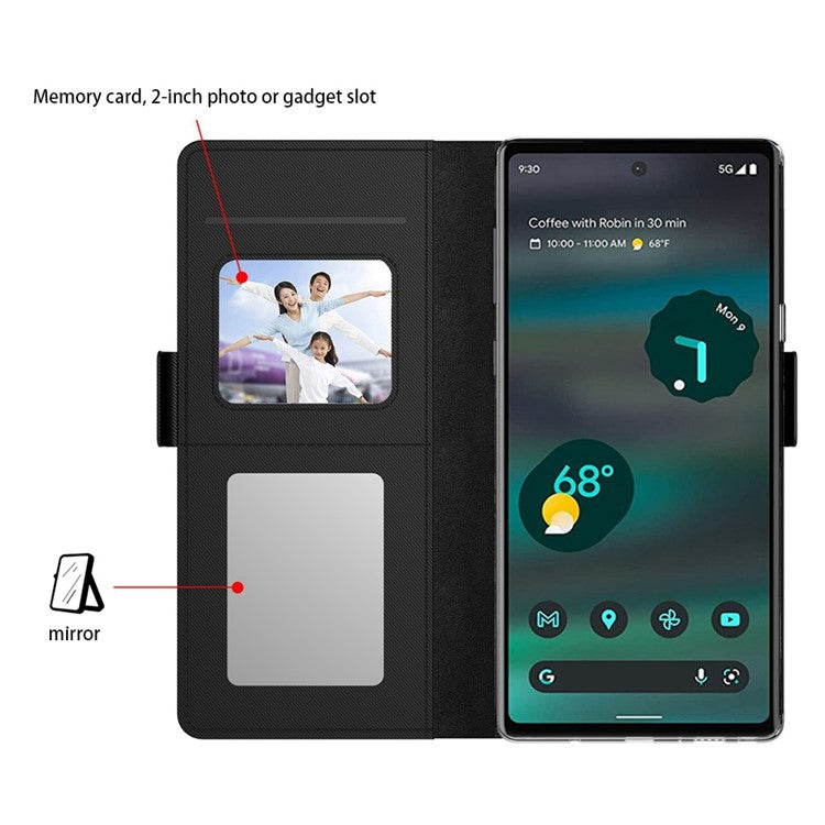 For Google Pixel 6a PU Leather +TPU Phone Case Makeup Mirror Ultra Slim Phone Flip Leather Cover with Card Slots - Black