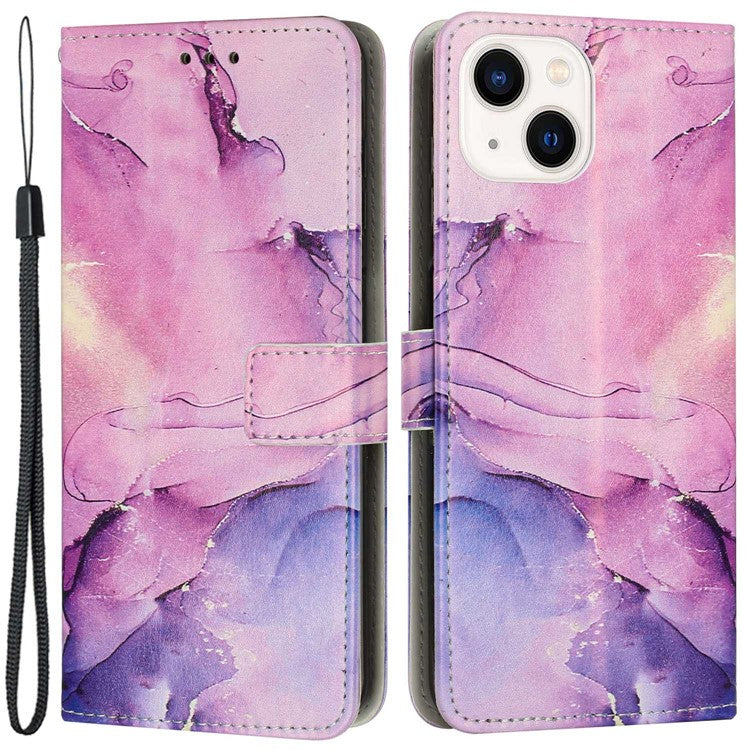 For-iPhone-14-/-13-6.1-inch-Marble-Pattern-Printing-Stand-Phone-Case-PU-Leather-Magnetic-Clasp-Wallet-Cover-with-Strap---Purple