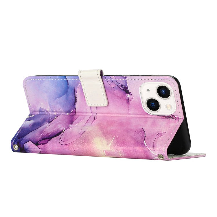 For-iPhone-14-/-13-6.1-inch-Marble-Pattern-Printing-Stand-Phone-Case-PU-Leather-Magnetic-Clasp-Wallet-Cover-with-Strap---Purple