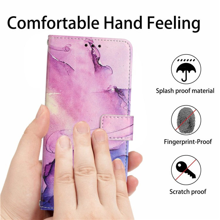 For-iPhone-14-/-13-6.1-inch-Marble-Pattern-Printing-Stand-Phone-Case-PU-Leather-Magnetic-Clasp-Wallet-Cover-with-Strap---Purple