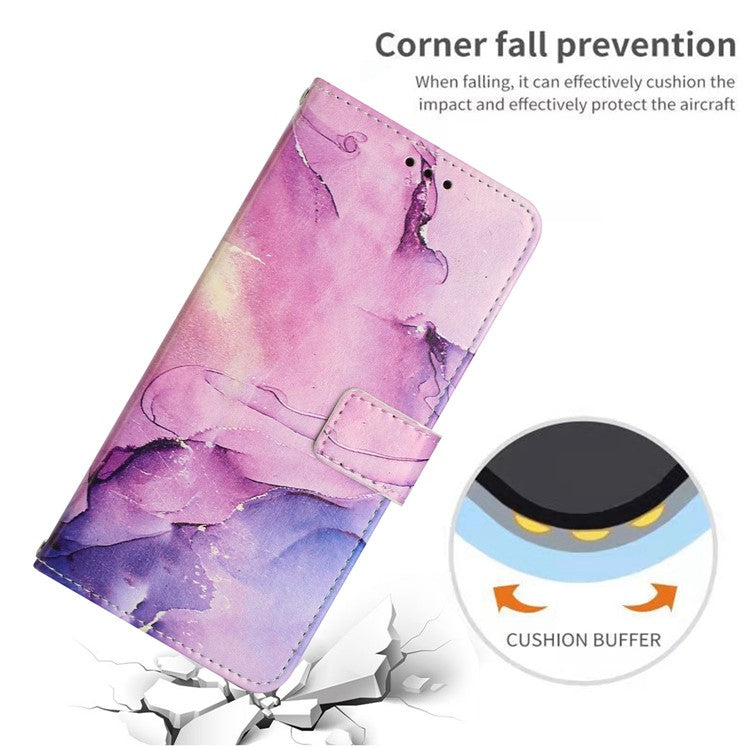 For-iPhone-14-/-13-6.1-inch-Marble-Pattern-Printing-Stand-Phone-Case-PU-Leather-Magnetic-Clasp-Wallet-Cover-with-Strap---Purple