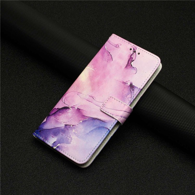 For-iPhone-14-/-13-6.1-inch-Marble-Pattern-Printing-Stand-Phone-Case-PU-Leather-Magnetic-Clasp-Wallet-Cover-with-Strap---Purple