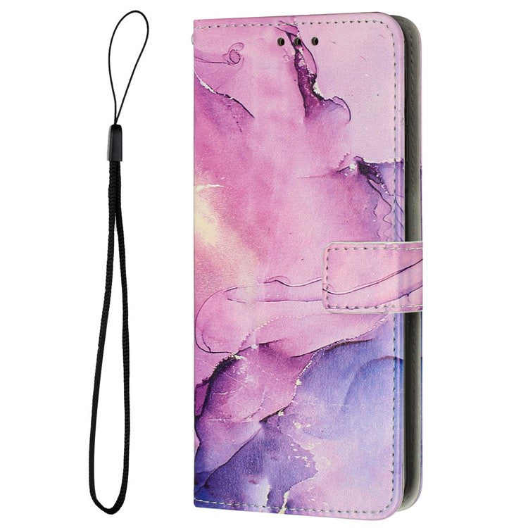 For-iPhone-14-/-13-6.1-inch-Marble-Pattern-Printing-Stand-Phone-Case-PU-Leather-Magnetic-Clasp-Wallet-Cover-with-Strap---Purple