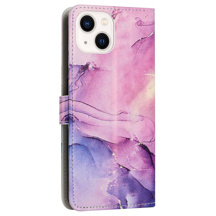 For-iPhone-14-/-13-6.1-inch-Marble-Pattern-Printing-Stand-Phone-Case-PU-Leather-Magnetic-Clasp-Wallet-Cover-with-Strap---Purple