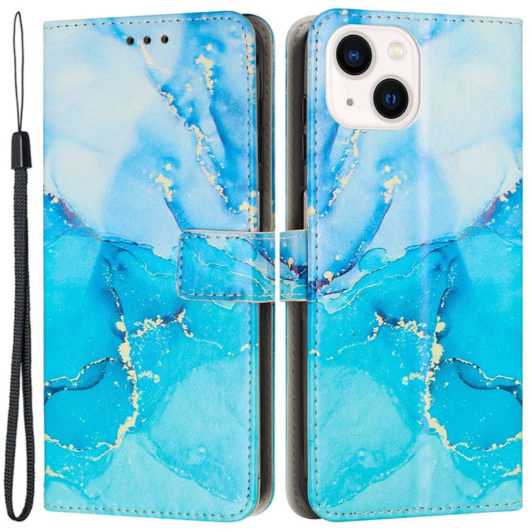 For-iPhone-14-/-13-6.1-inch-Marble-Pattern-Printing-Stand-Phone-Case-PU-Leather-Magnetic-Clasp-Wallet-Cover-with-Strap---Blue-/-Green