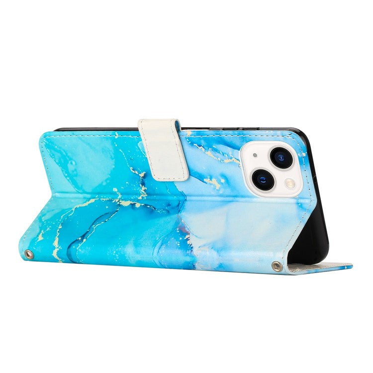 For-iPhone-14-/-13-6.1-inch-Marble-Pattern-Printing-Stand-Phone-Case-PU-Leather-Magnetic-Clasp-Wallet-Cover-with-Strap---Blue-/-Green