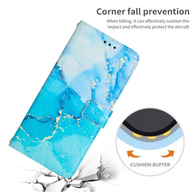 For-iPhone-14-/-13-6.1-inch-Marble-Pattern-Printing-Stand-Phone-Case-PU-Leather-Magnetic-Clasp-Wallet-Cover-with-Strap---Blue-/-Green