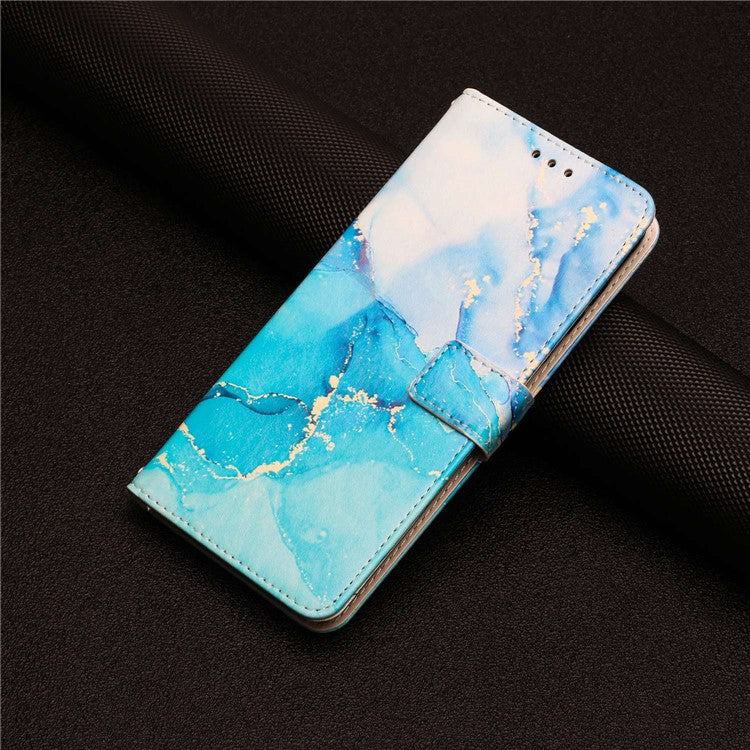 For-iPhone-14-/-13-6.1-inch-Marble-Pattern-Printing-Stand-Phone-Case-PU-Leather-Magnetic-Clasp-Wallet-Cover-with-Strap---Blue-/-Green