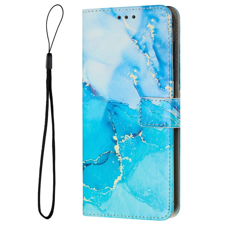 For-iPhone-14-/-13-6.1-inch-Marble-Pattern-Printing-Stand-Phone-Case-PU-Leather-Magnetic-Clasp-Wallet-Cover-with-Strap---Blue-/-Green