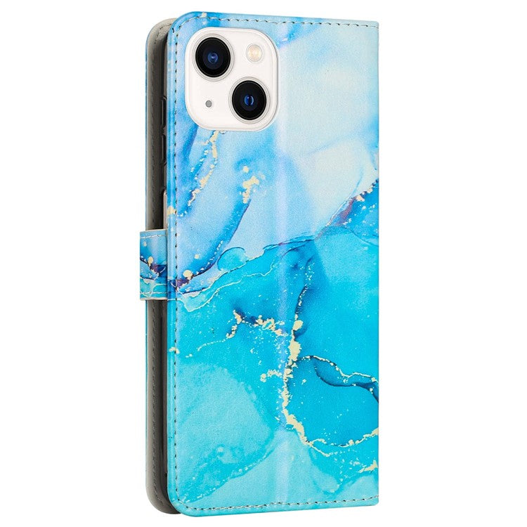 For-iPhone-14-/-13-6.1-inch-Marble-Pattern-Printing-Stand-Phone-Case-PU-Leather-Magnetic-Clasp-Wallet-Cover-with-Strap---Blue-/-Green