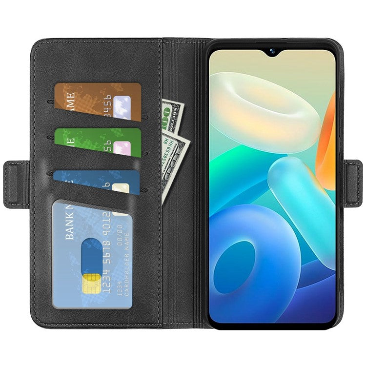 For vivo Y02s 4G Stand Design Textured PU Leather Anti-fall Phone Case Wallet Folio Flip Magnetic Shell - Black