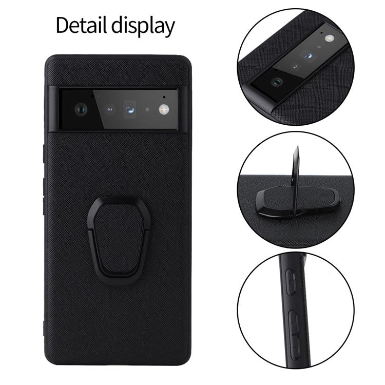 For Google Pixel 6a Ultra Slim Anti-drop Phone Case PU Leather Hard PC Soft TPU Kickstand Ring Holder Protective Phone Cover - Cross Texture