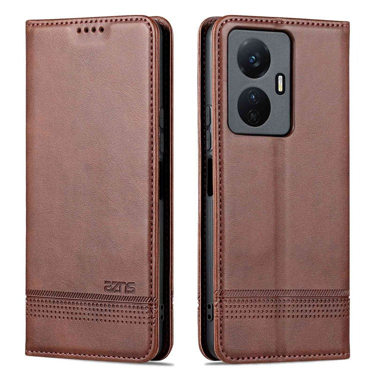 AZNS For vivo Y77e 5G / Y77 5G Magnetic Auto Closure Cowhide Texture PU Leather Wallet Phone Case Viewing Stand Flip Cover - Coffee