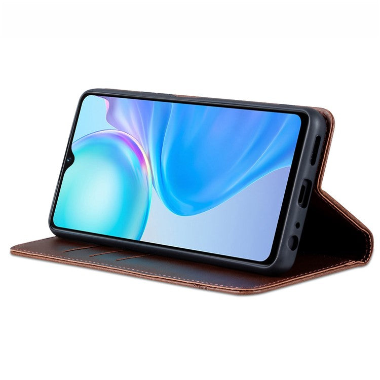 AZNS For vivo Y77e 5G / Y77 5G Magnetic Auto Closure Cowhide Texture PU Leather Wallet Phone Case Viewing Stand Flip Cover - Coffee