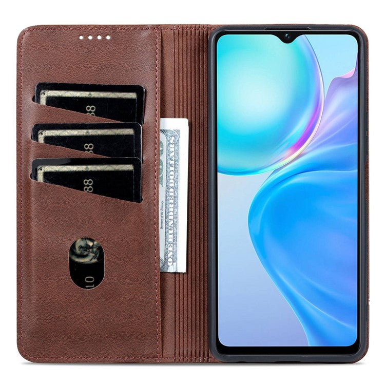 AZNS For vivo Y77e 5G / Y77 5G Magnetic Auto Closure Cowhide Texture PU Leather Wallet Phone Case Viewing Stand Flip Cover - Coffee