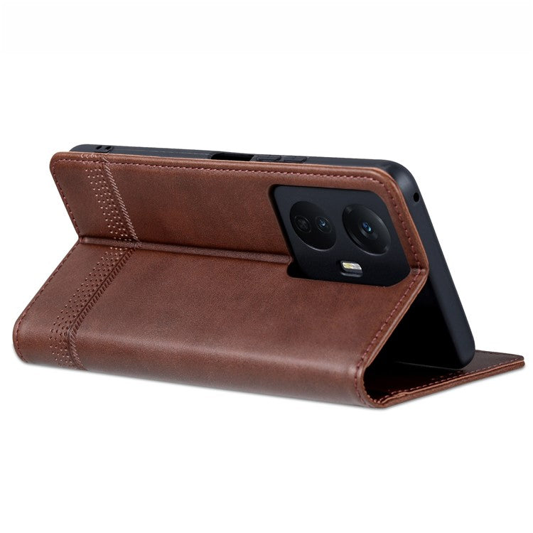 AZNS For vivo Y77e 5G / Y77 5G Magnetic Auto Closure Cowhide Texture PU Leather Wallet Phone Case Viewing Stand Flip Cover - Coffee