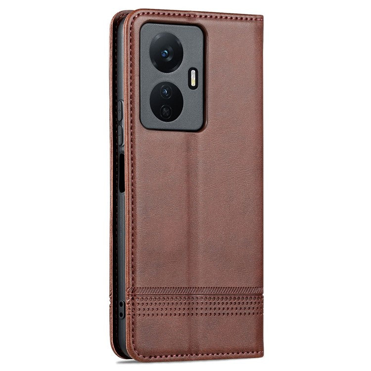 AZNS For vivo Y77e 5G / Y77 5G Magnetic Auto Closure Cowhide Texture PU Leather Wallet Phone Case Viewing Stand Flip Cover - Coffee