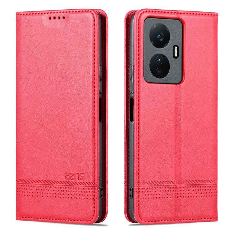 AZNS For vivo Y77e 5G / Y77 5G Magnetic Auto Closure Cowhide Texture PU Leather Wallet Phone Case Viewing Stand Flip Cover - Red