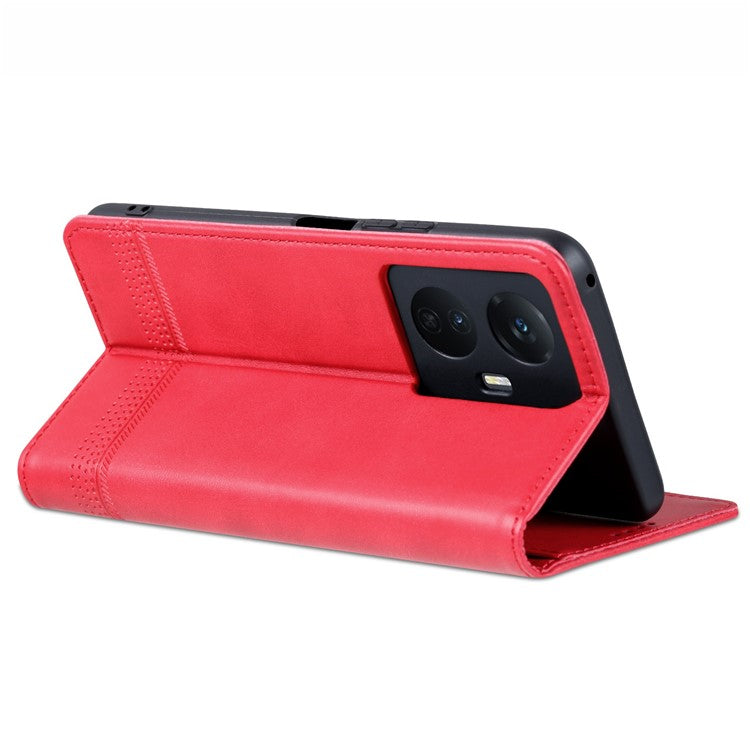 AZNS For vivo Y77e 5G / Y77 5G Magnetic Auto Closure Cowhide Texture PU Leather Wallet Phone Case Viewing Stand Flip Cover - Red