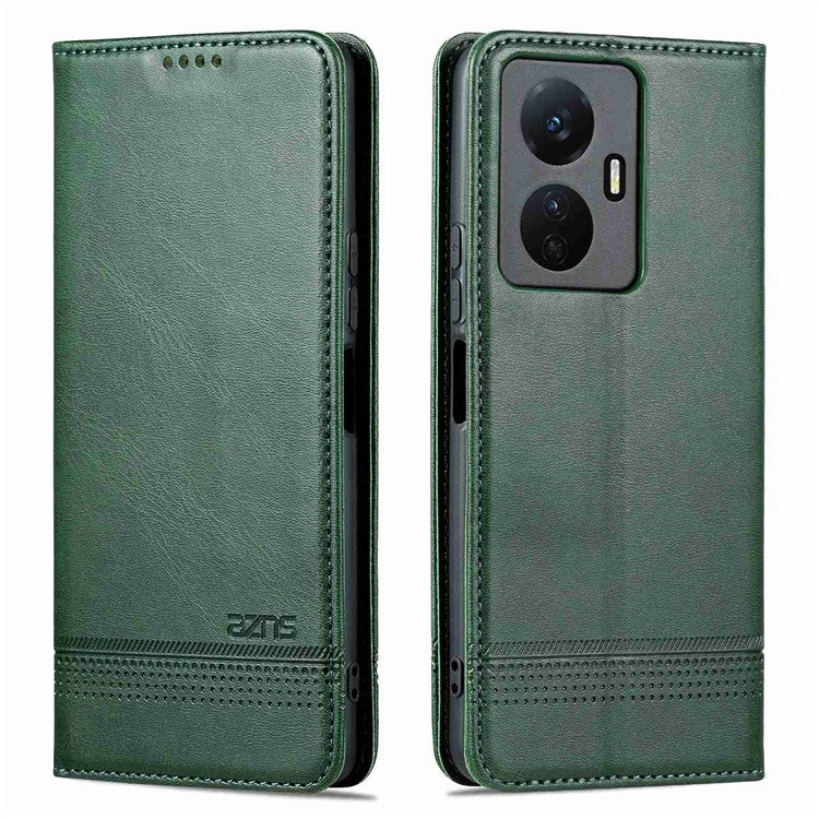 AZNS For vivo Y77e 5G / Y77 5G Magnetic Auto Closure Cowhide Texture PU Leather Wallet Phone Case Viewing Stand Flip Cover - Green