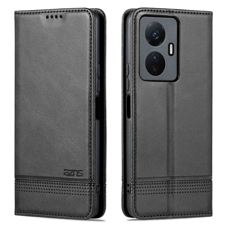 AZNS For vivo Y77e 5G / Y77 5G Magnetic Auto Closure Cowhide Texture PU Leather Wallet Phone Case Viewing Stand Flip Cover - Black