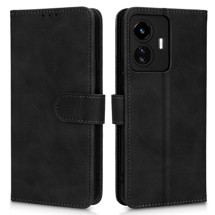 For vivo Y77 5G PU Leather Wallet Case Viewing Stand Skin-Touch Feeling Magnetic Flip Protective Phone Cover - Black