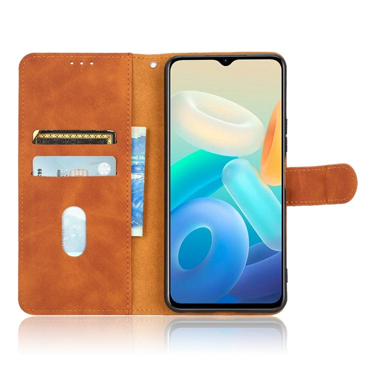 For vivo Y77 5G PU Leather Wallet Case Viewing Stand Skin-Touch Feeling Magnetic Flip Protective Phone Cover - Brown