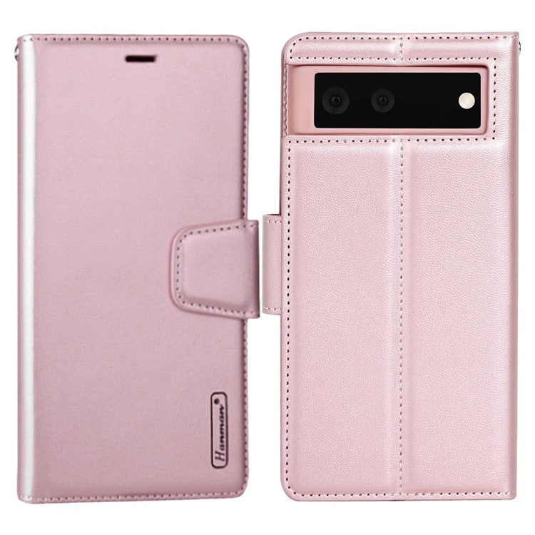 HANMAN Mill Series for Google Pixel 6a PU Leather Magnetic Folio Cover Stand Book Design Shockproof TPU Interior Case - Rose Gold