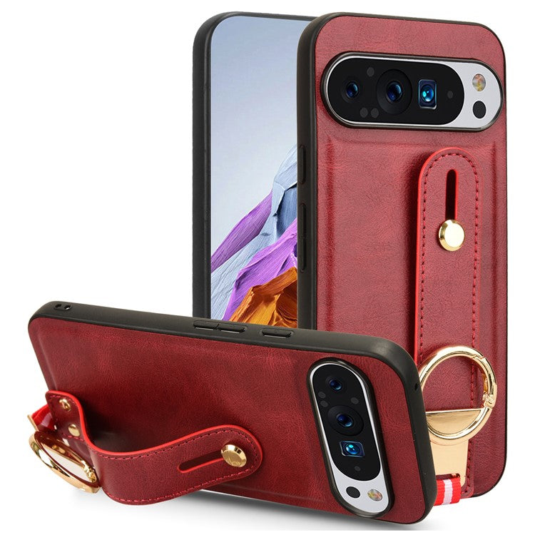 For Google Pixel 9 / Pixel 9 Pro Case Leather Coated PC+TPU Phone Cover with Kickstand Bottle Opener - Red