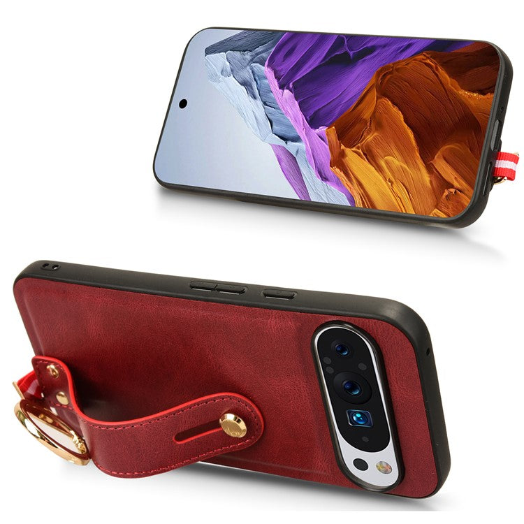 For Google Pixel 9 / Pixel 9 Pro Case Leather Coated PC+TPU Phone Cover with Kickstand Bottle Opener - Red