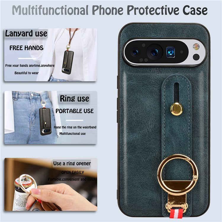 For Google Pixel 9 / Pixel 9 Pro Case Leather Coated PC+TPU Phone Cover with Kickstand Bottle Opener - Blue