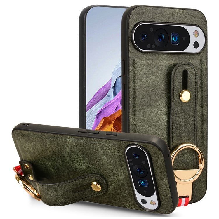 For Google Pixel 9 / Pixel 9 Pro Case Leather Coated PC+TPU Phone Cover with Kickstand Bottle Opener - Green