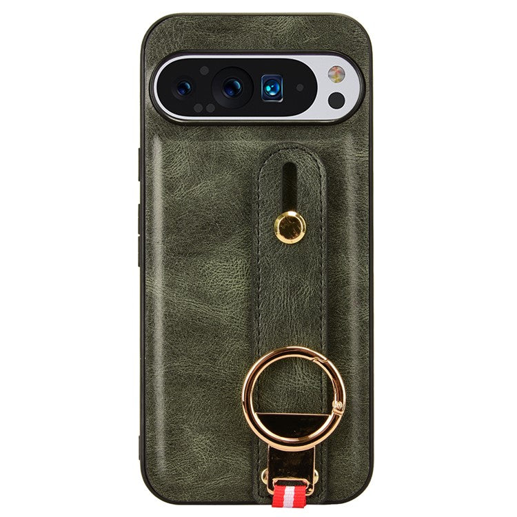 For Google Pixel 9 / Pixel 9 Pro Case Leather Coated PC+TPU Phone Cover with Kickstand Bottle Opener - Green