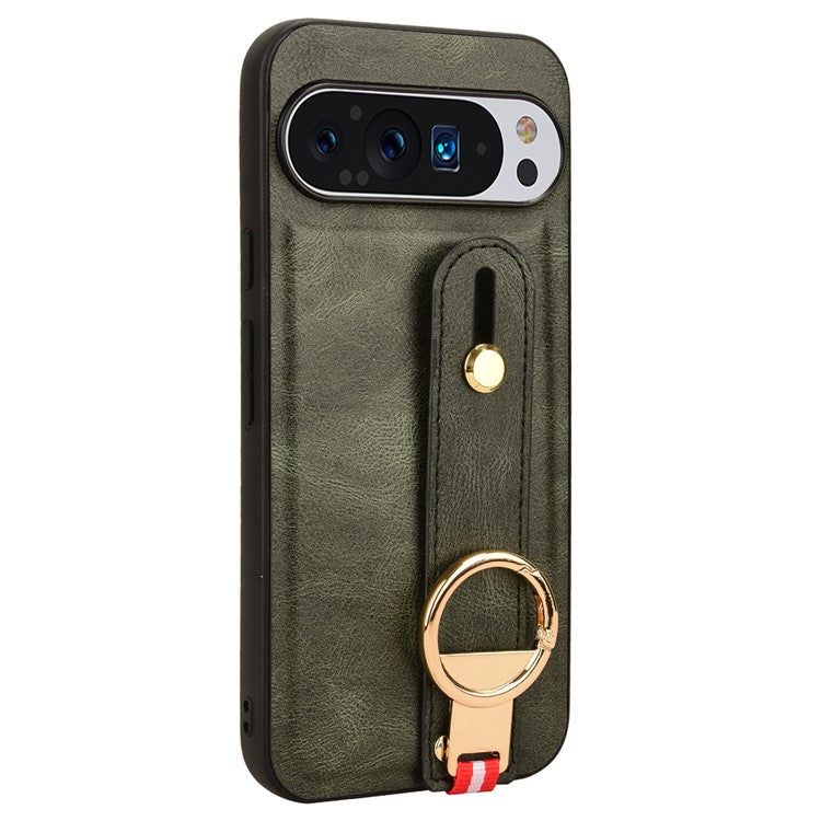 For Google Pixel 9 / Pixel 9 Pro Case Leather Coated PC+TPU Phone Cover with Kickstand Bottle Opener - Green