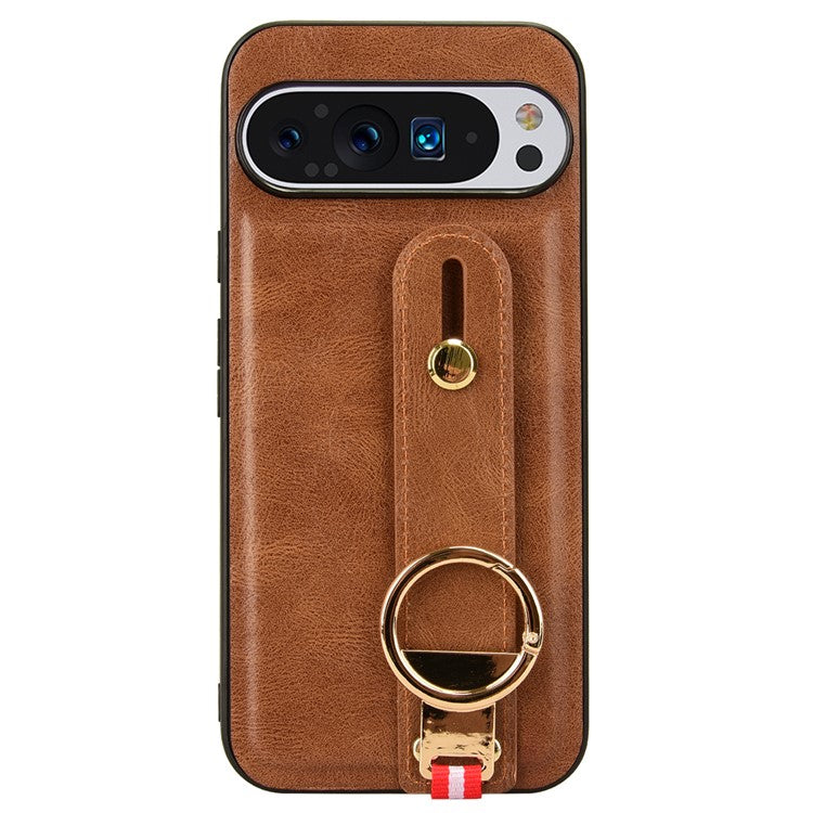 For Google Pixel 9 / Pixel 9 Pro Case Leather Coated PC+TPU Phone Cover with Kickstand Bottle Opener - Brown