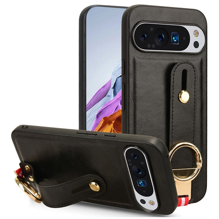 For Google Pixel 9 Pro XL Case Wristband Kickstand Leather+PC+TPU Phone Cover Bottle Opener - Black