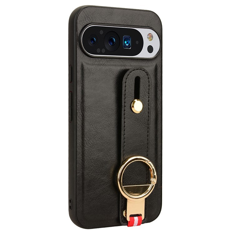 For Google Pixel 9 Pro XL Case Wristband Kickstand Leather+PC+TPU Phone Cover Bottle Opener - Black