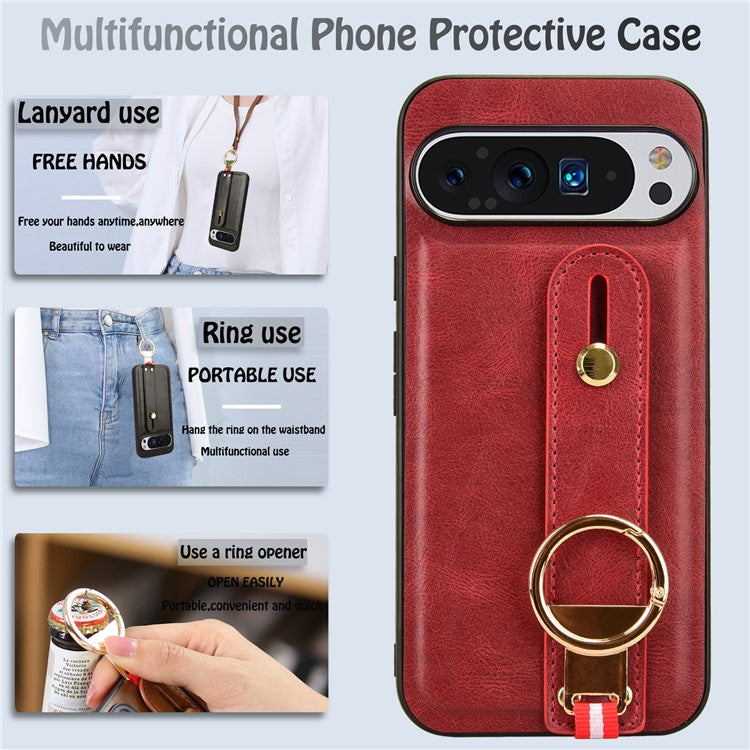 For Google Pixel 9 Pro XL Case Wristband Kickstand Leather+PC+TPU Phone Cover Bottle Opener - Red