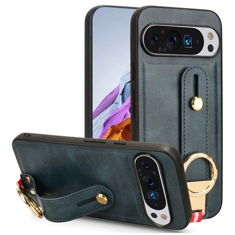 For Google Pixel 9 Pro XL Case Wristband Kickstand Leather+PC+TPU Phone Cover Bottle Opener - Blue