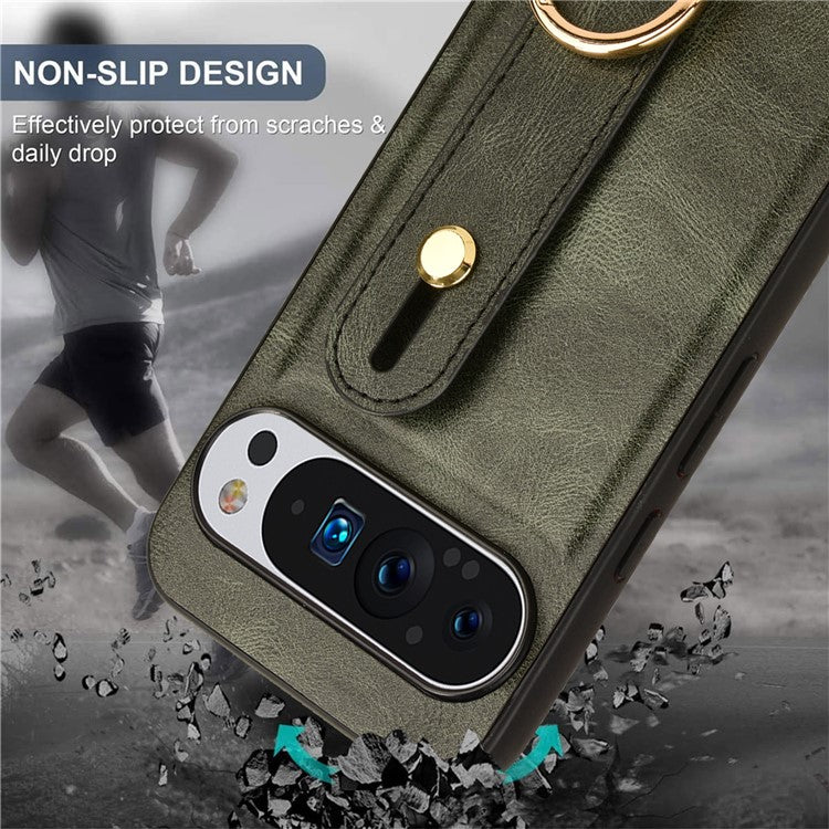 For Google Pixel 9 Pro XL Case Wristband Kickstand Leather+PC+TPU Phone Cover Bottle Opener - Green