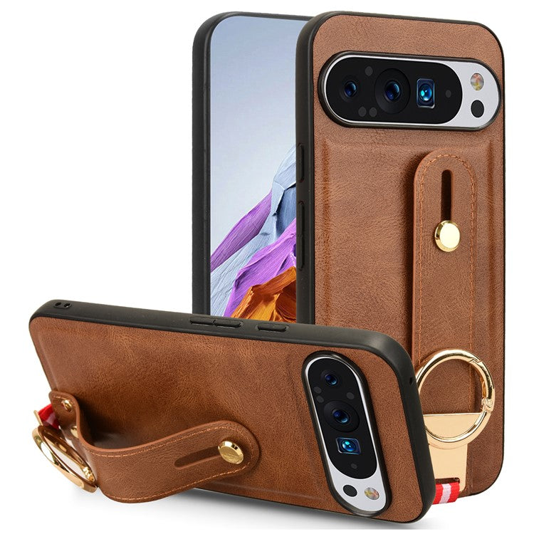 For Google Pixel 9 Pro XL Case Wristband Kickstand Leather+PC+TPU Phone Cover Bottle Opener - Brown