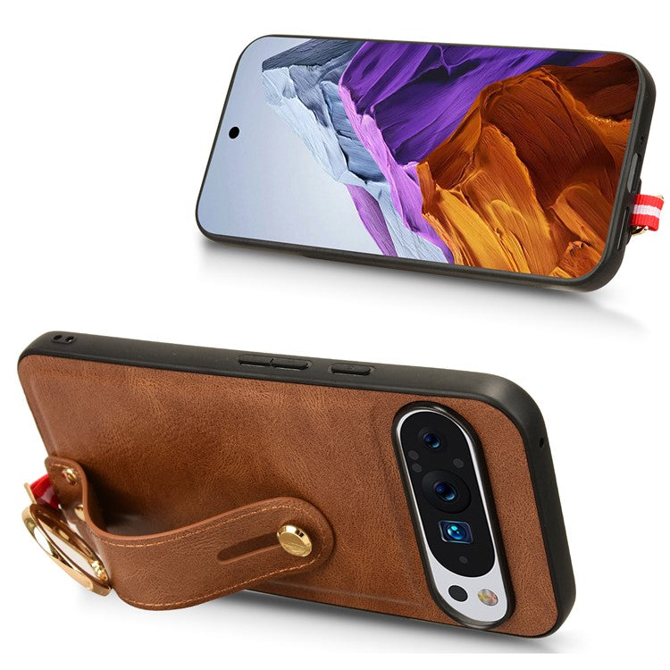 For Google Pixel 9 Pro XL Case Wristband Kickstand Leather+PC+TPU Phone Cover Bottle Opener - Brown