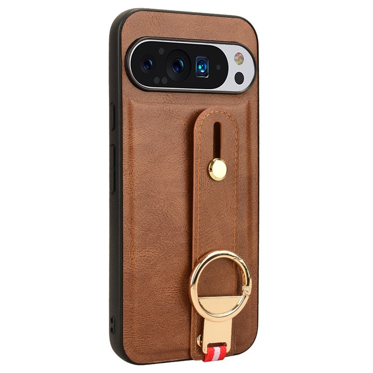 For Google Pixel 9 Pro XL Case Wristband Kickstand Leather+PC+TPU Phone Cover Bottle Opener - Brown